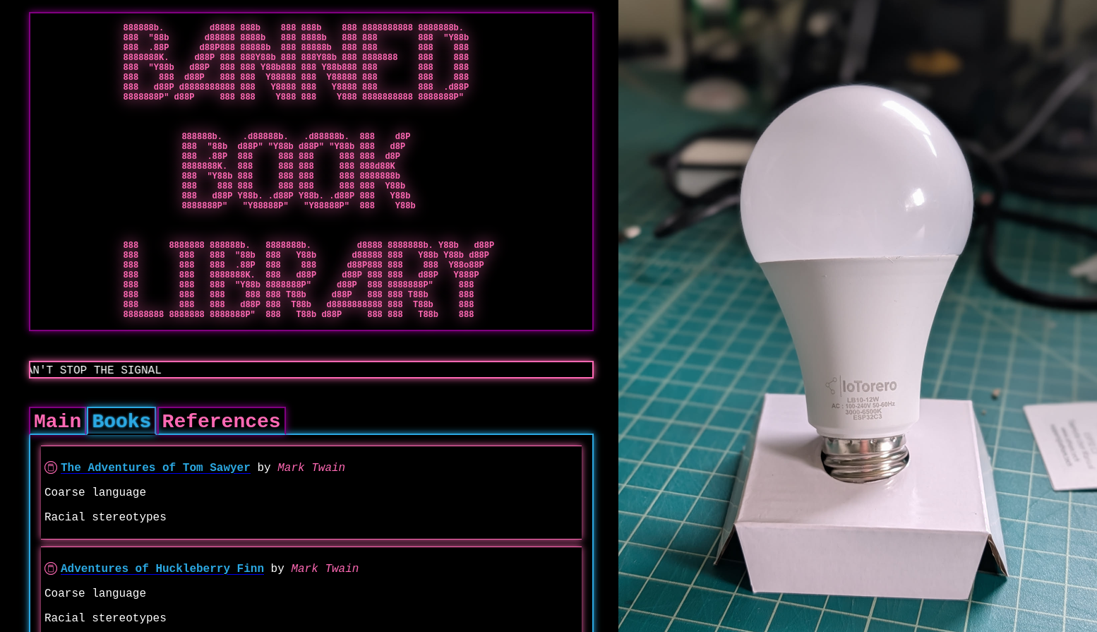 Screenshot of the banned book library main web page next to an image of a smart LED light bulb