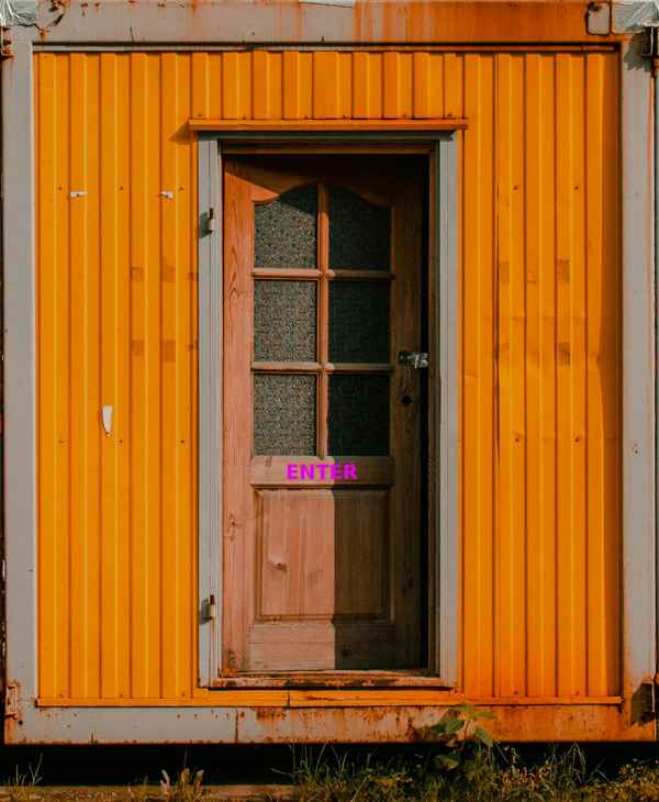 Enter page with yellow container and a door
