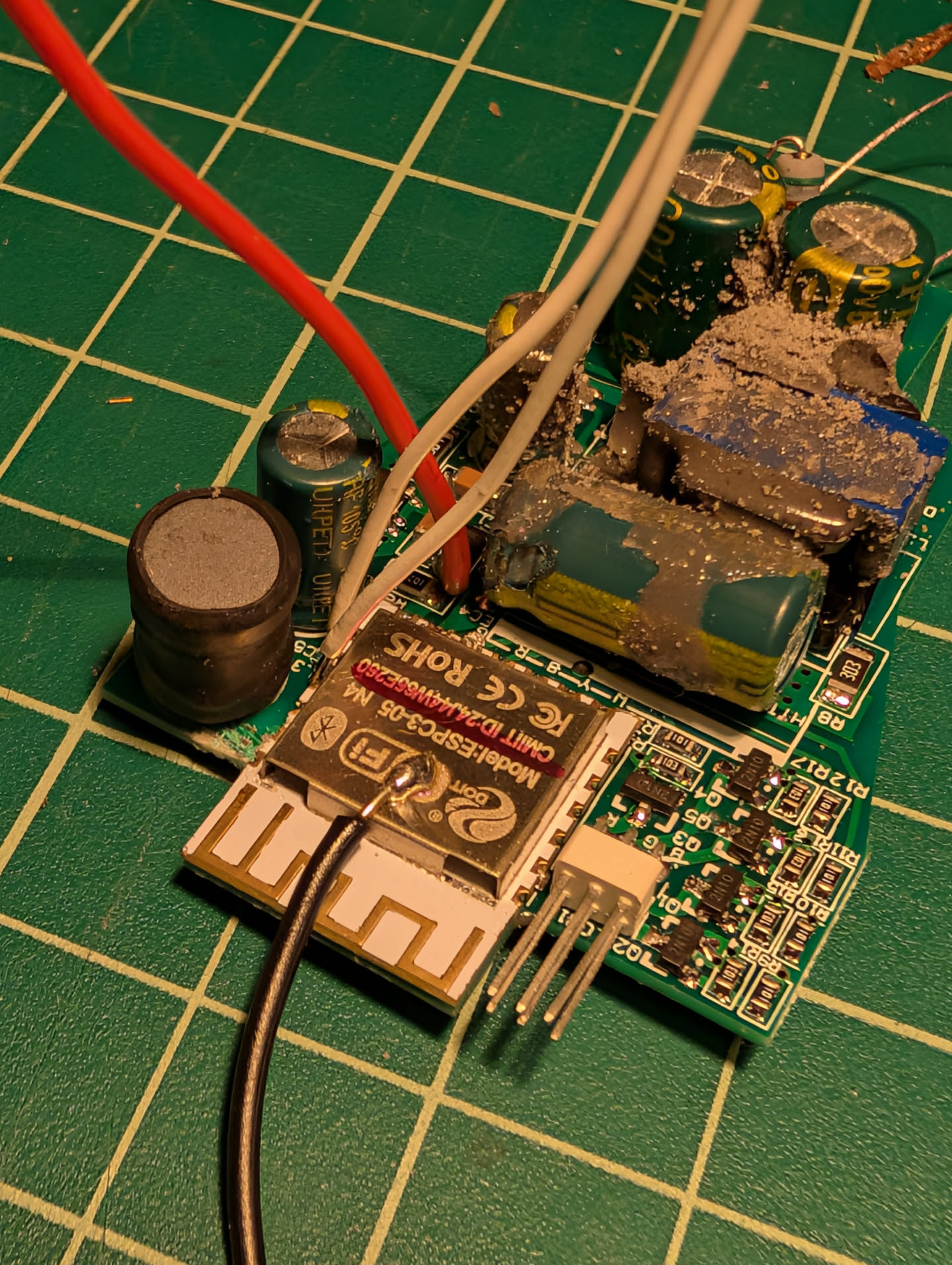 PCB with four wires soldered in place